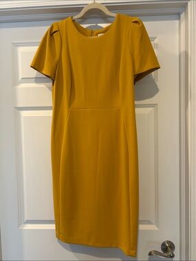 Calvin Klein Short-Sleeve Midi Dress in Mustard Gold